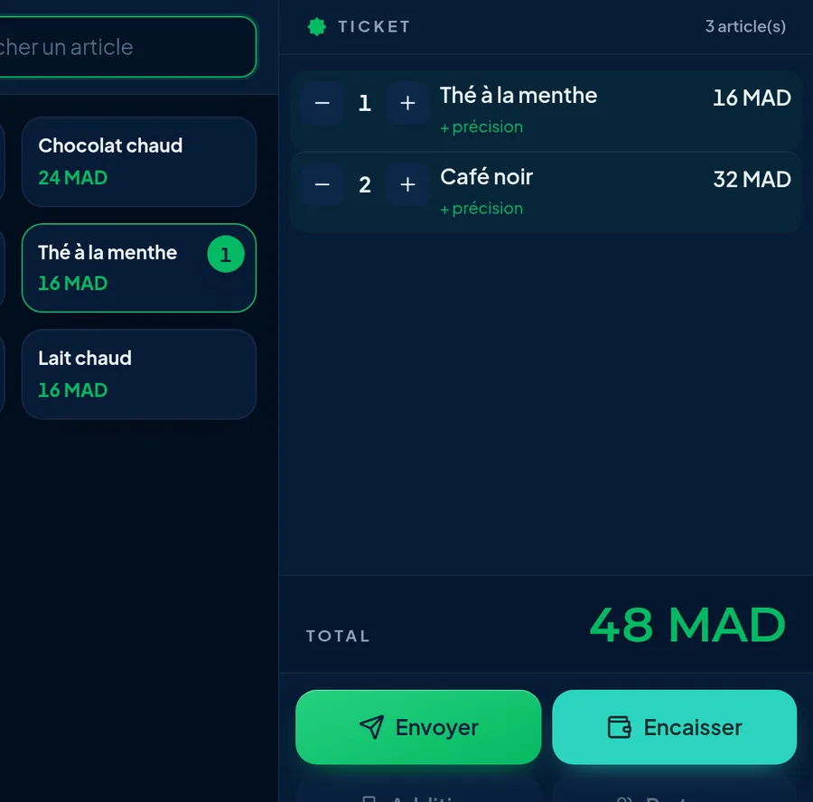 La caisse Amplify POS : une table ouverte avec ses articles et le total