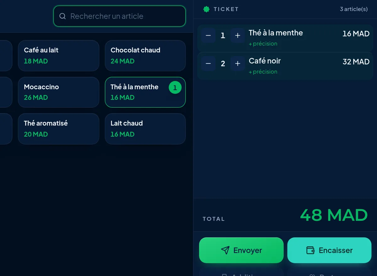 La caisse Amplify POS : une table ouverte avec ses articles et le total
