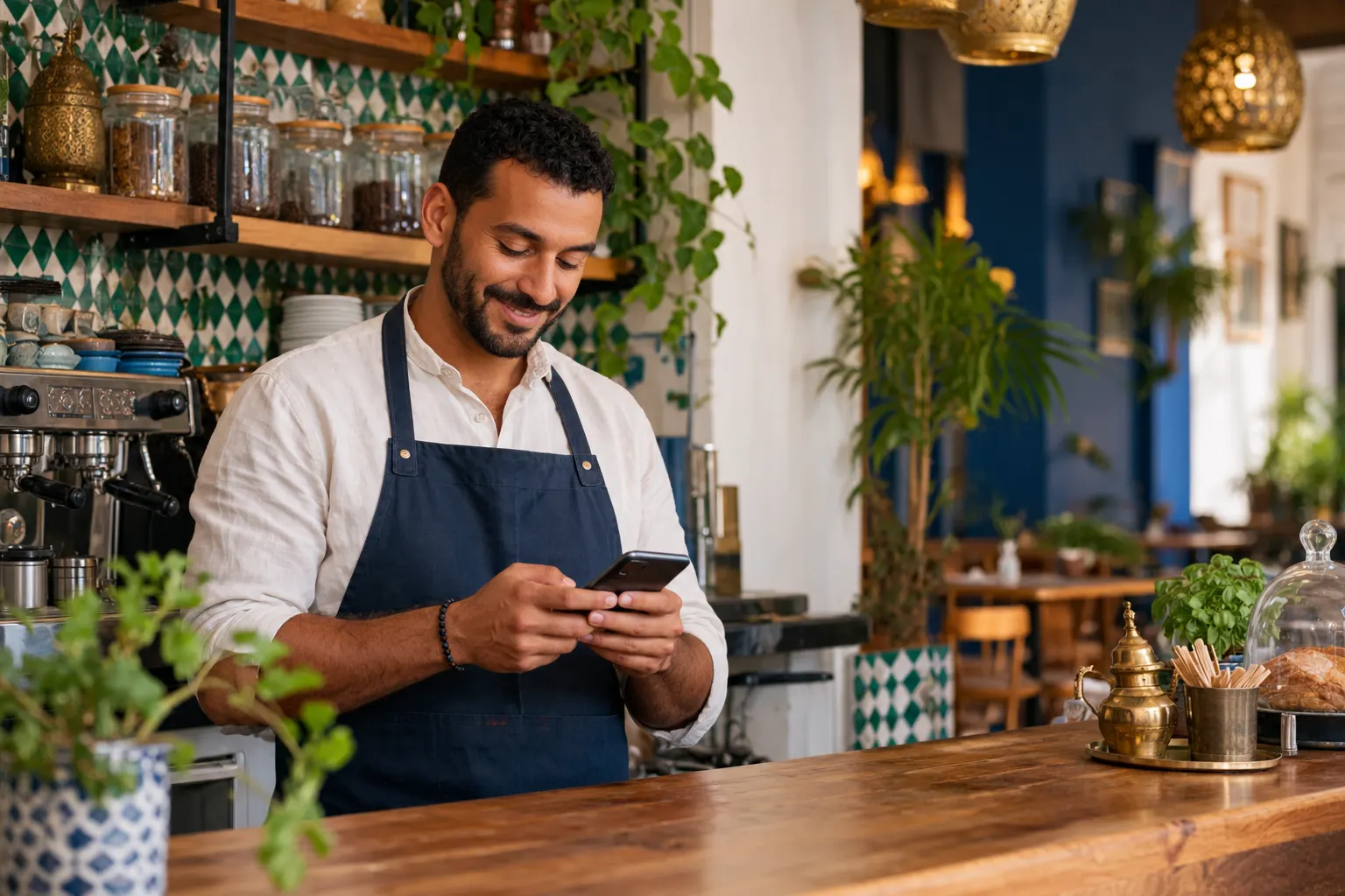 Un patron de café envoie un message à ses habitués depuis son comptoir