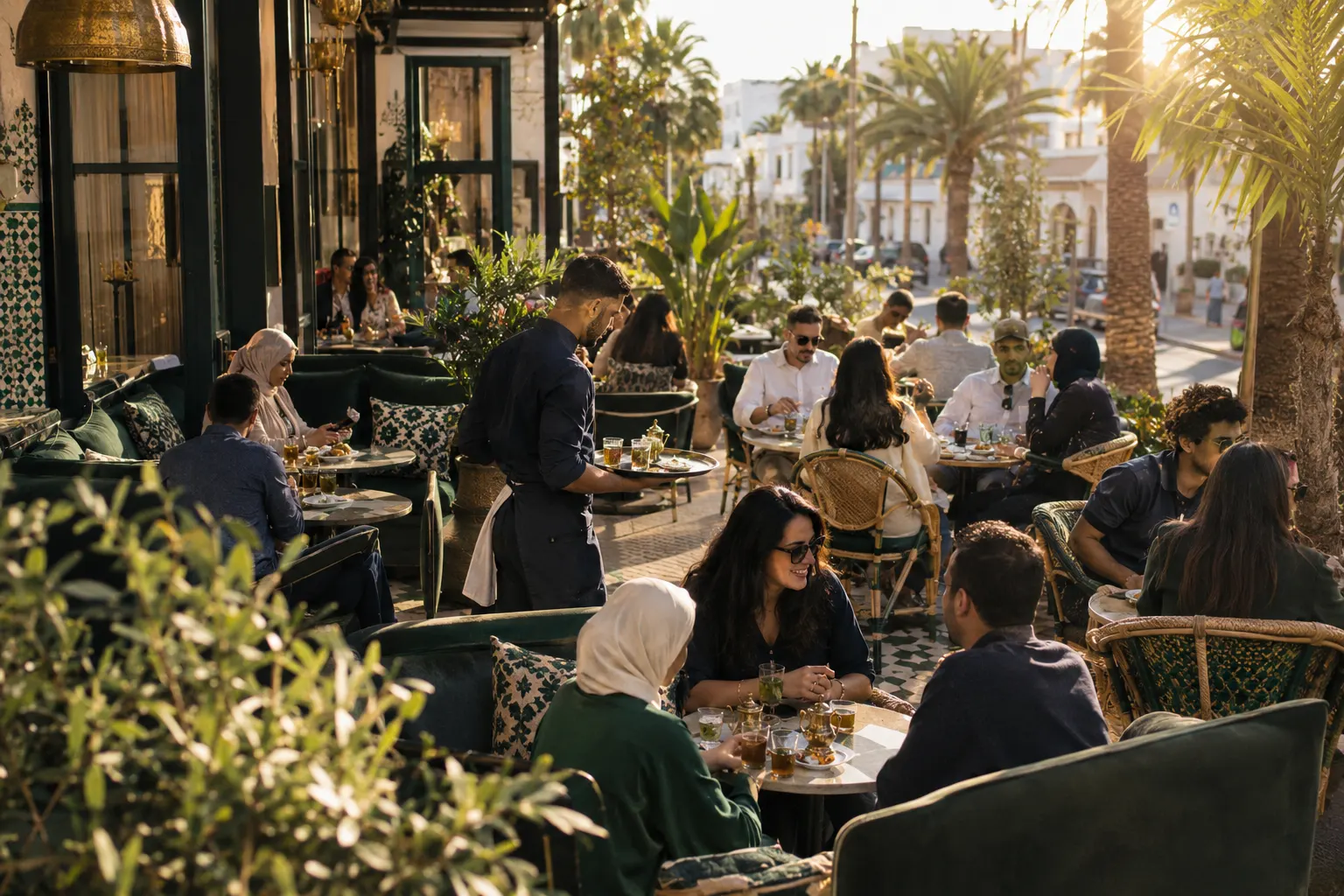 Une terrasse de café pleine à Rabat en fin de journée
