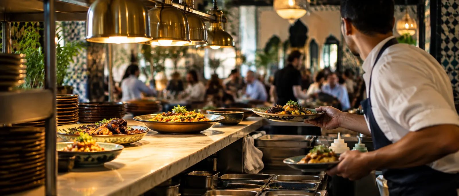 Le passe d’un restaurant au moment du rush, un serveur emporte les assiettes